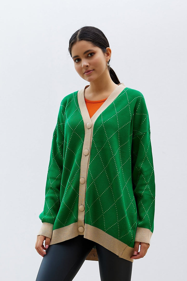 MDS Women Lovi Patterned Cardigan - Green - Amora
