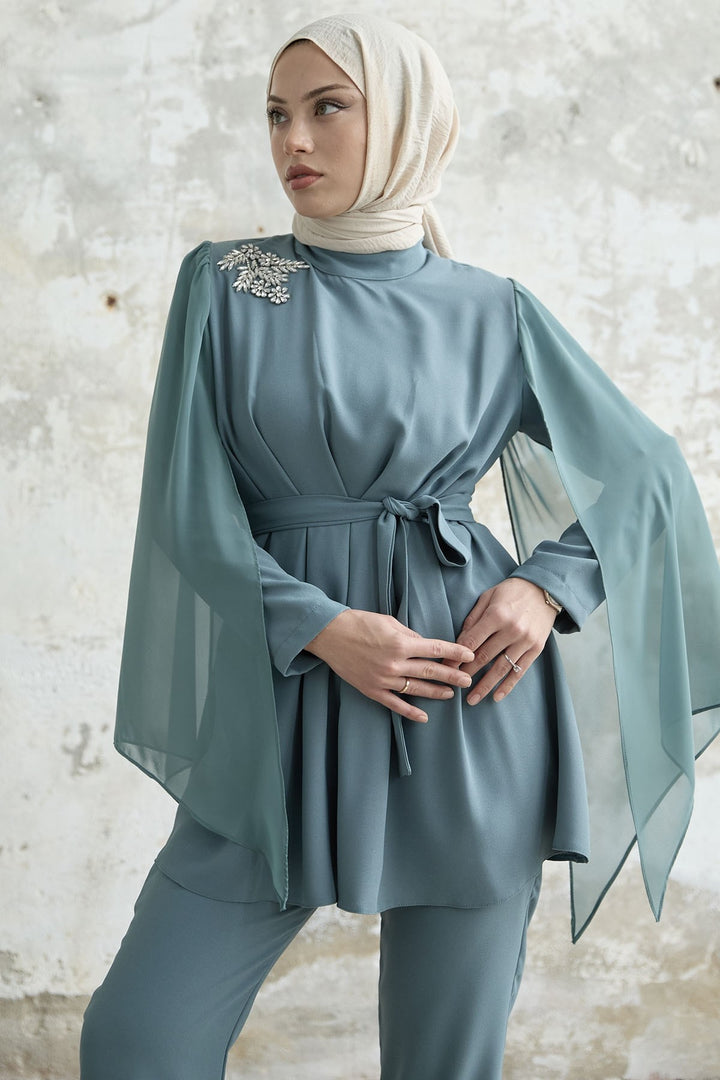 MDS Women Stone-Accented Tulle Crepe Set - Mint - Westfield