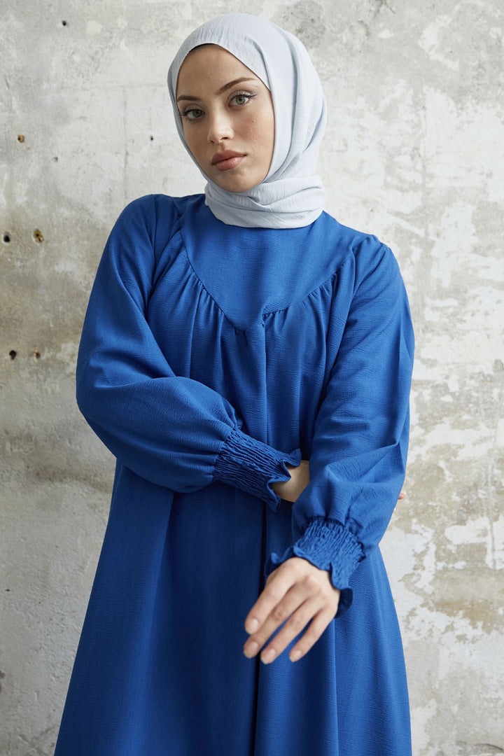 MDS Women Gathered Front Dress with Ruffles - Sapphire Blue - Pokrov