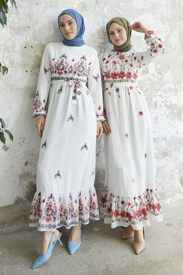 MDS Women Embroidered Skirt Frill Chiffon Dress - White - Tulsa