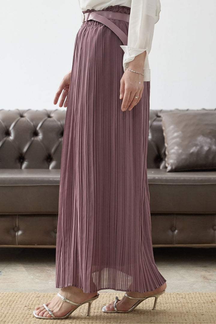 MDS Women Ruched Waist Chiffon Skirt with Belt - Rose Pink - Sciacca
