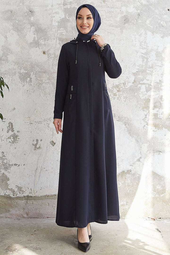 MDS Women Elena White Detailed Hooded Abaya - Navy Blue - Champaign