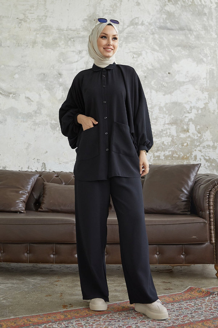 MDS Women Muno Balloon Sleeve Casual Set - Black - Beaumont