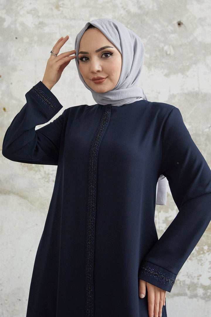 MDS Women Full Stone Detailed Abaya - Navy Blue - Hialeah