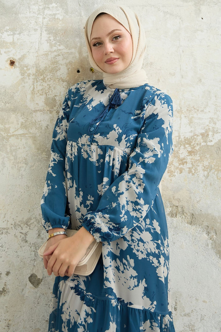 MDS Women Blue Chiffon Dress with Leaf Pattern and Frills at the Front - Burien