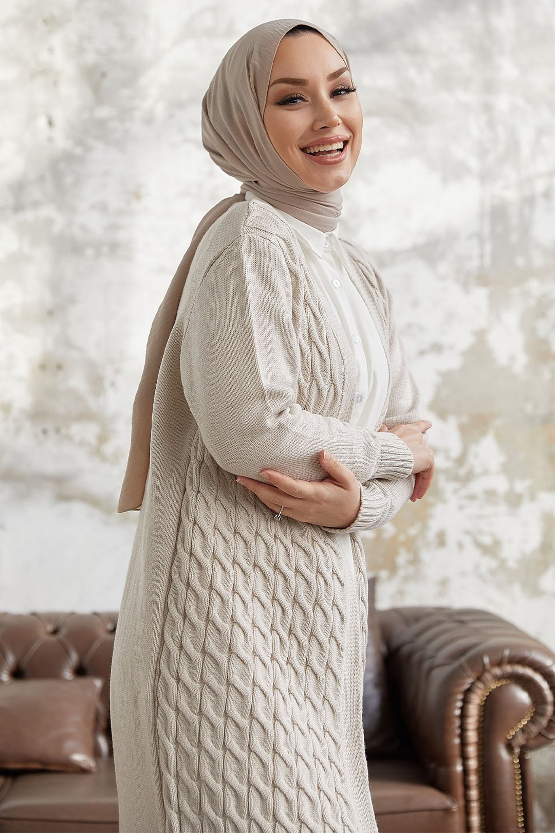 MDS Women Jolie Knitted Patterned Long Cardigan - Beige - Bury