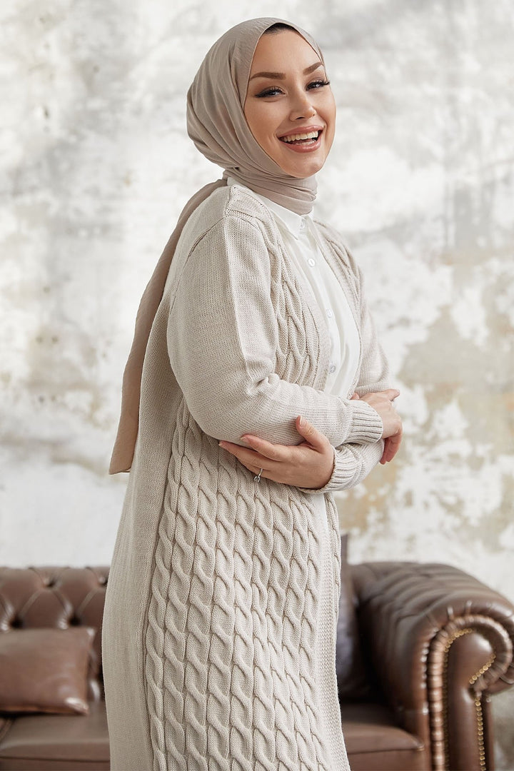MDS Women Jolie Knitted Patterned Long Cardigan - Beige - Bury