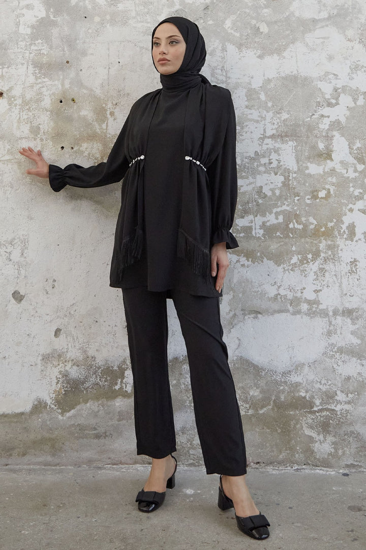 MDS Women Tassel Detail Stone Crepe Set - Black - Uman