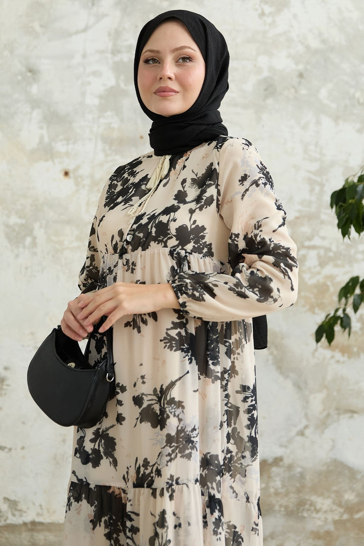 MDS Women Leaf Pattern Front Tasseled Ecru Chiffon Dress - Ancona