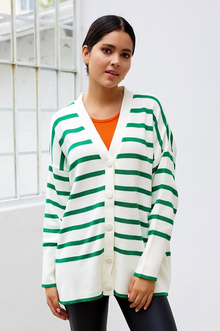 MDS Women Navi Striped Knit Cardigan - Green - Maspalomas