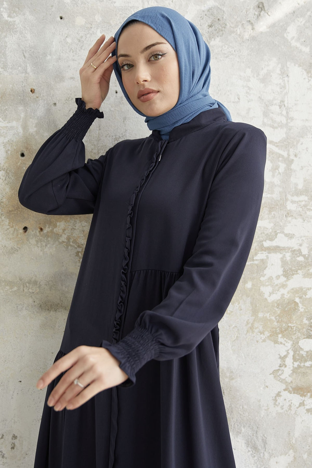 MDS Women Frilled Flared Asymmetric Cut Abaya - Navy Blue - Stolberg