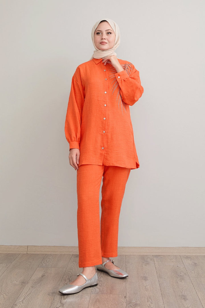 MDS Women Leaf Stone Processing Orange Linen Set - Barendrecht