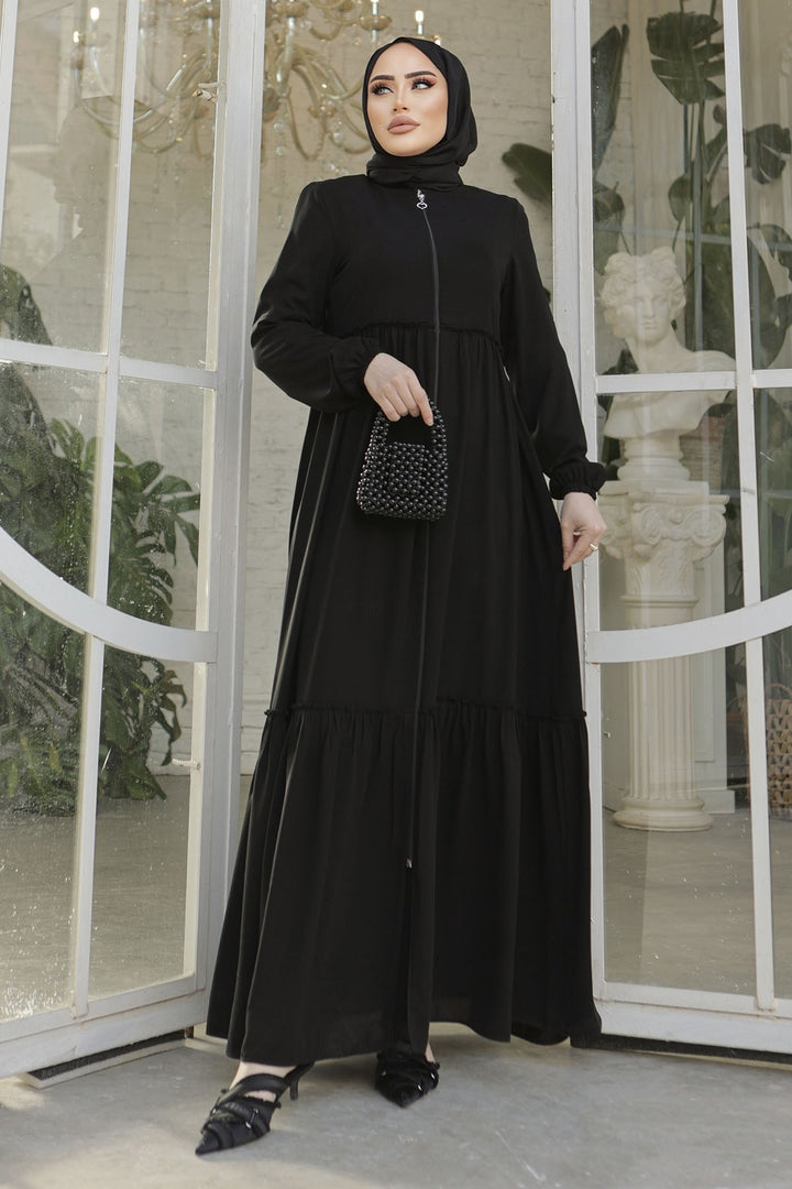MDS Women Pleated Detail Zippered Abaya - Black - Ixtapaluca