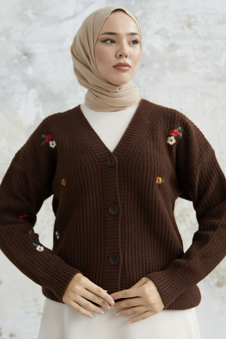 MDS Women Hello Daisy Embroidered Cardigan - Bitter Coffee - Spruce Grove