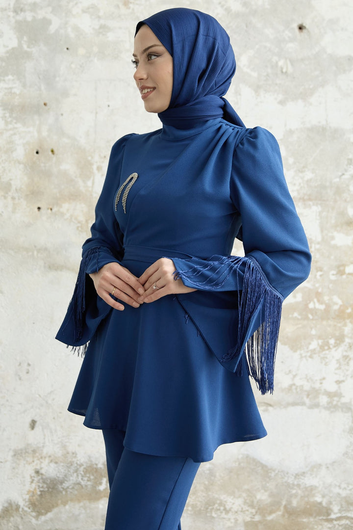 MDS Women Tasseled Sleeve Stone Crepe Set - Cornflower Blue - Lima