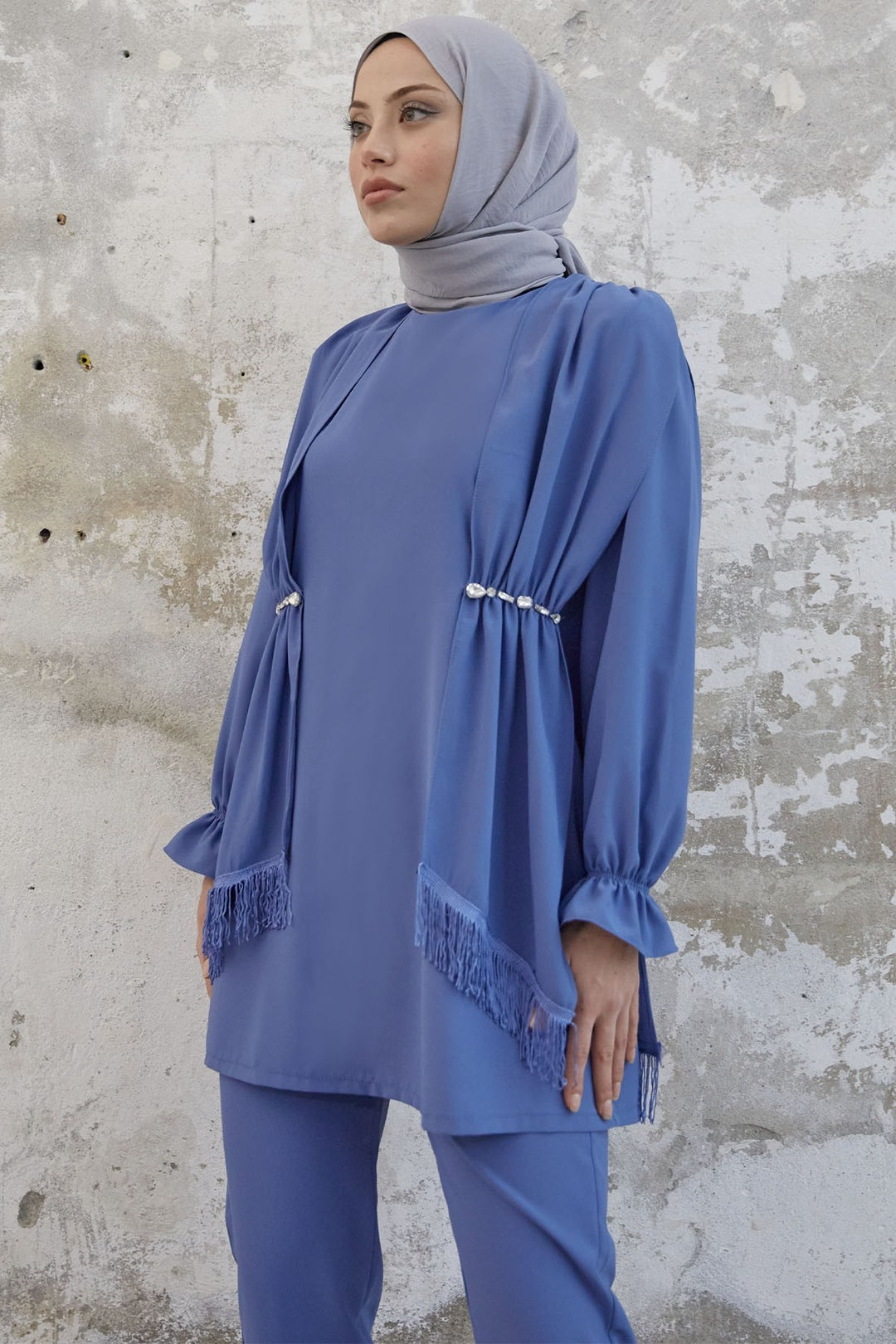 MDS Women Tassel Detail Stone Crepe Set - Indigo - Gatineau
