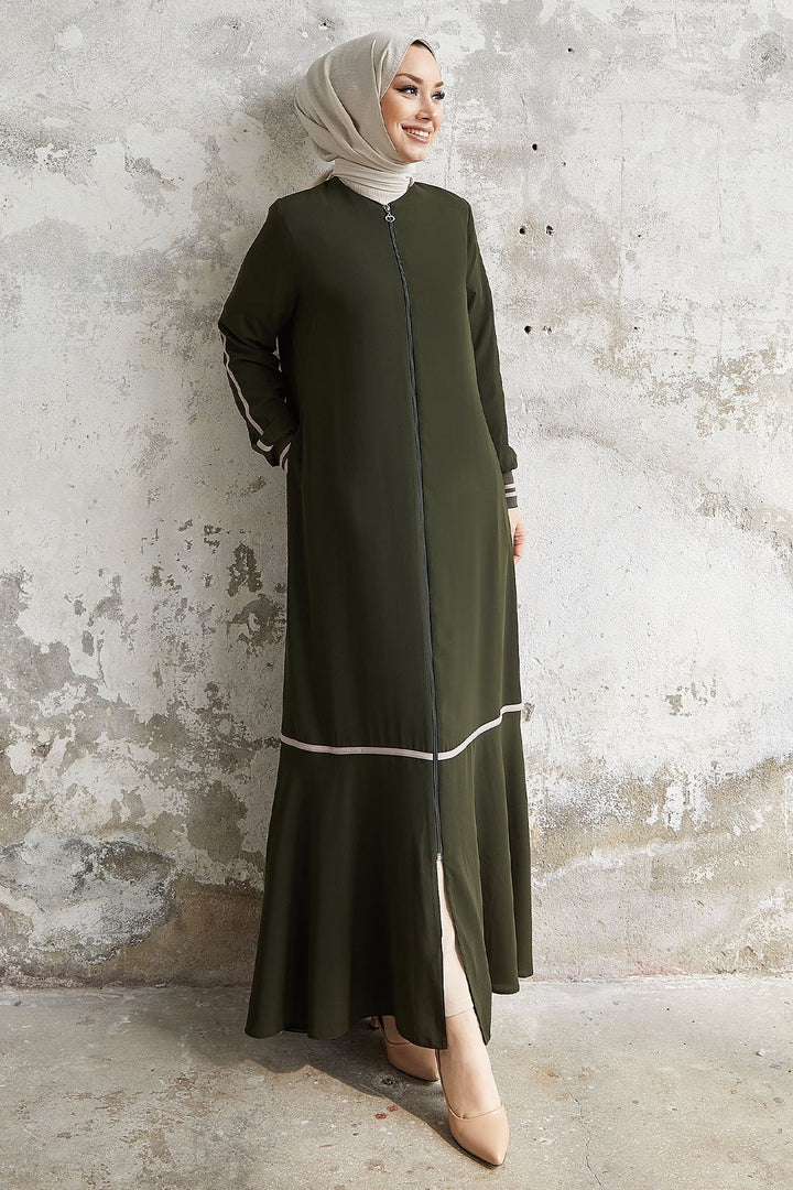 MDS Women Hazel Striped Patterned Abaya - Khaki - Petaluma