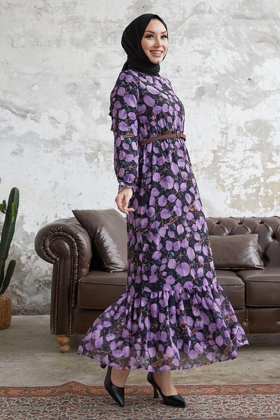 MDS Women Droplet Patterned Belted Chiffon Dress - Purple - Torres Novas