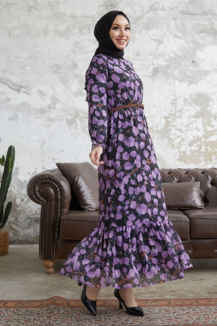 MDS Women Droplet Patterned Belted Chiffon Dress - Purple - Torres Novas