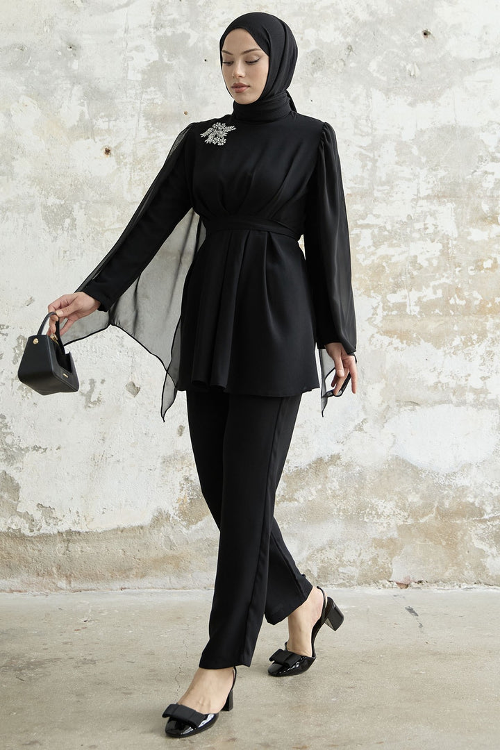 MDS Women Stone-Accented Tulle Crepe Set - Black - Bagnolet