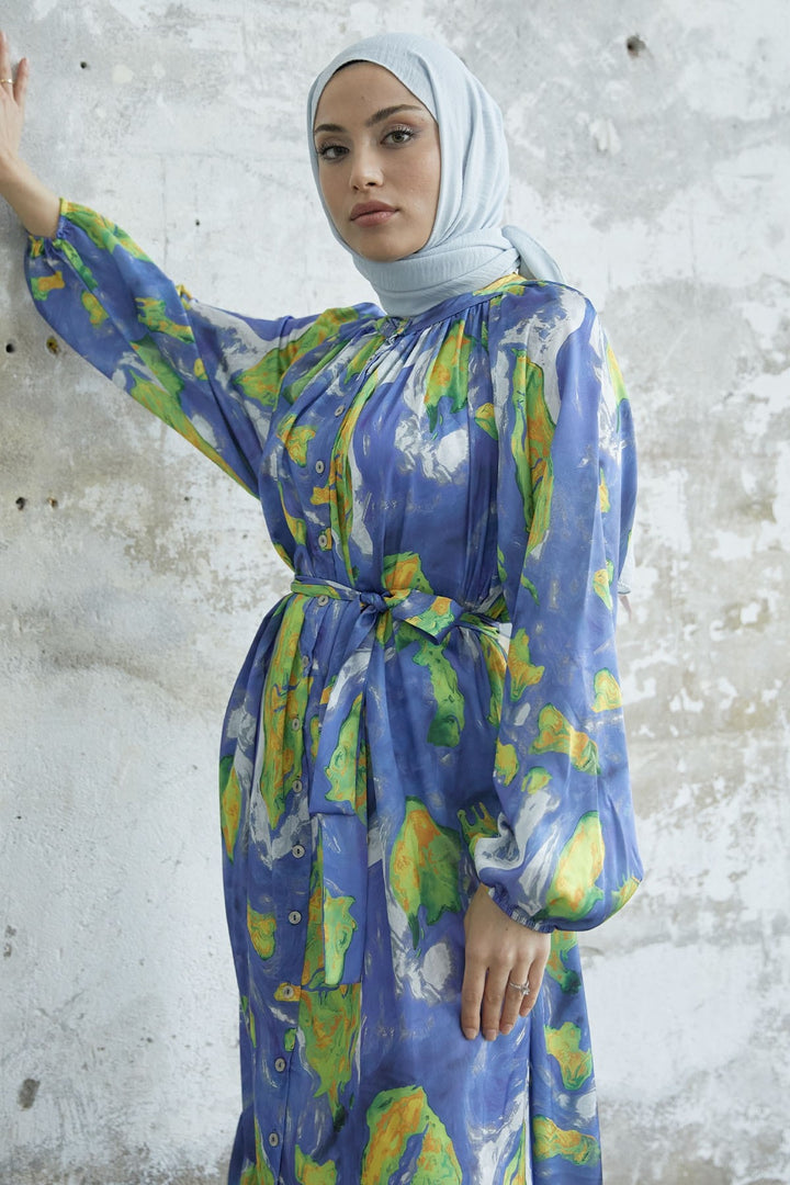 MDS Women Marbled Patterned Satin Dress with Belt - Indigo - Urmston