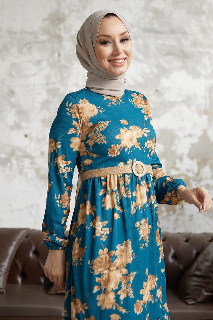 MDS Women Elfina Flowered Straw Belted Dress - Indigo - Aspen Hill