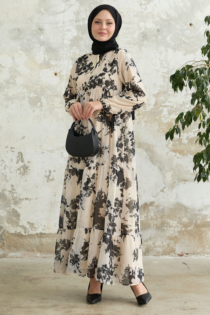 MDS Women Leaf Pattern Front Tasseled Ecru Chiffon Dress - Ancona