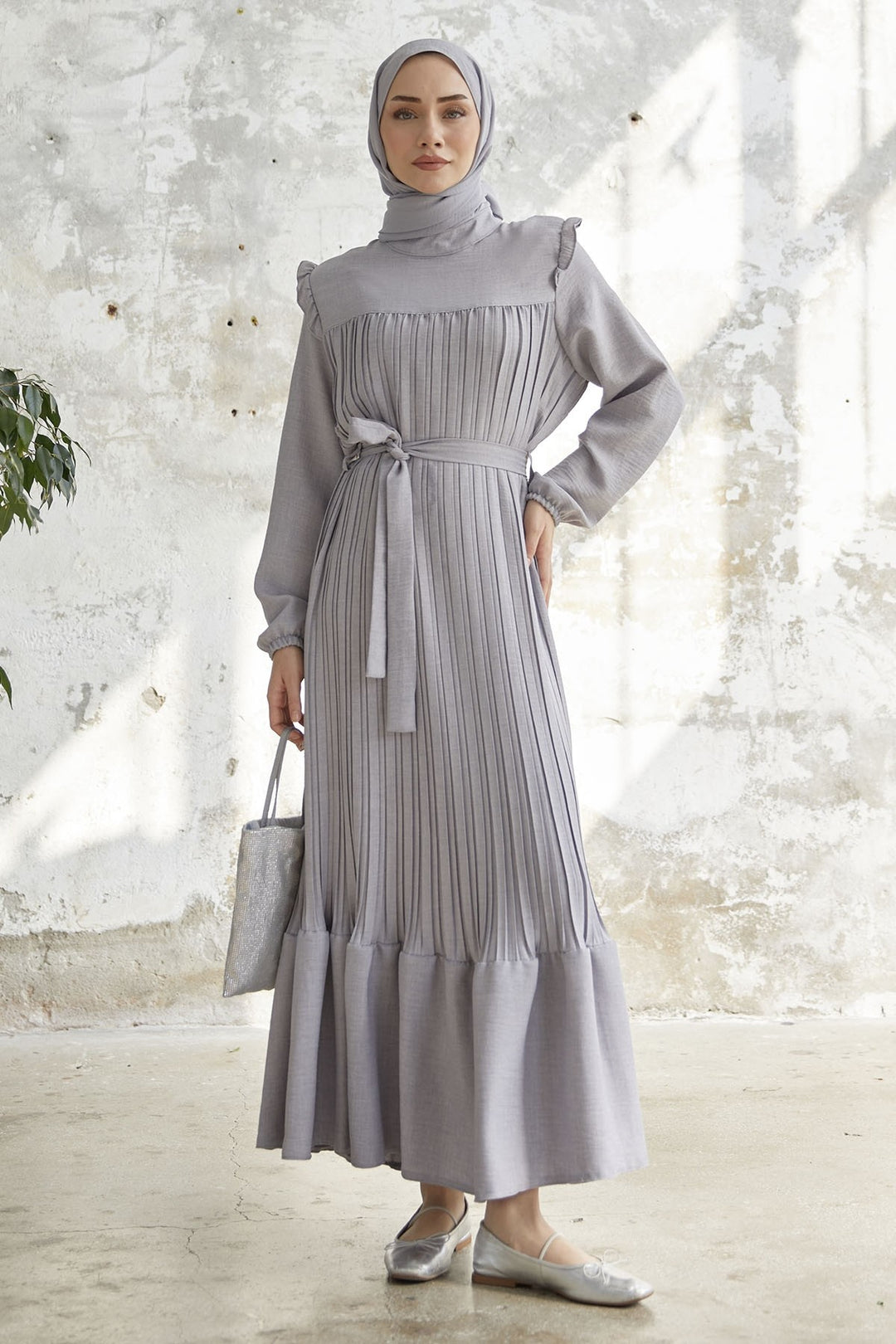MDS Women Ruffle Trim Linen Dress with Puffed Shoulders - Gray - Vendrell