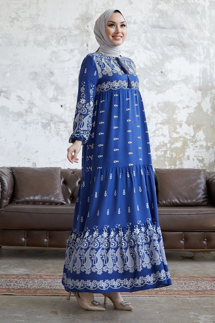 MDS Women Viscose Dress with Tassel Pattern in Front of the Jungle - Indigo - Manacor