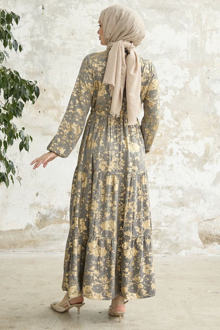 MDS Women Leaf Pattern Dress with Gold Leaf - Gray - Pombal