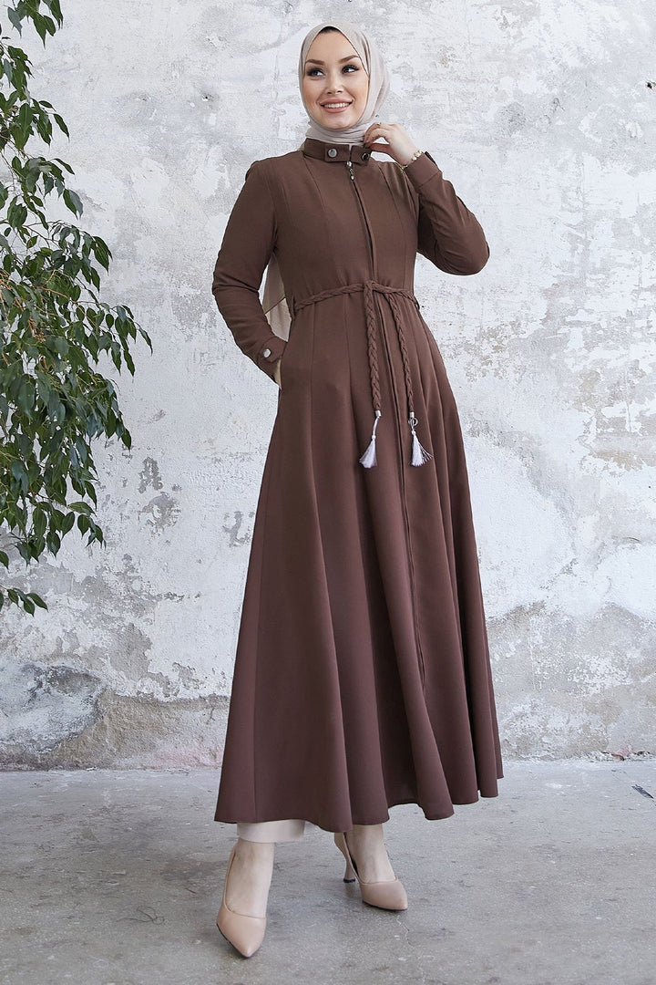 MDS Women Buttoned Belted Abaya with Pleated Collar - Brown - Teziutlan