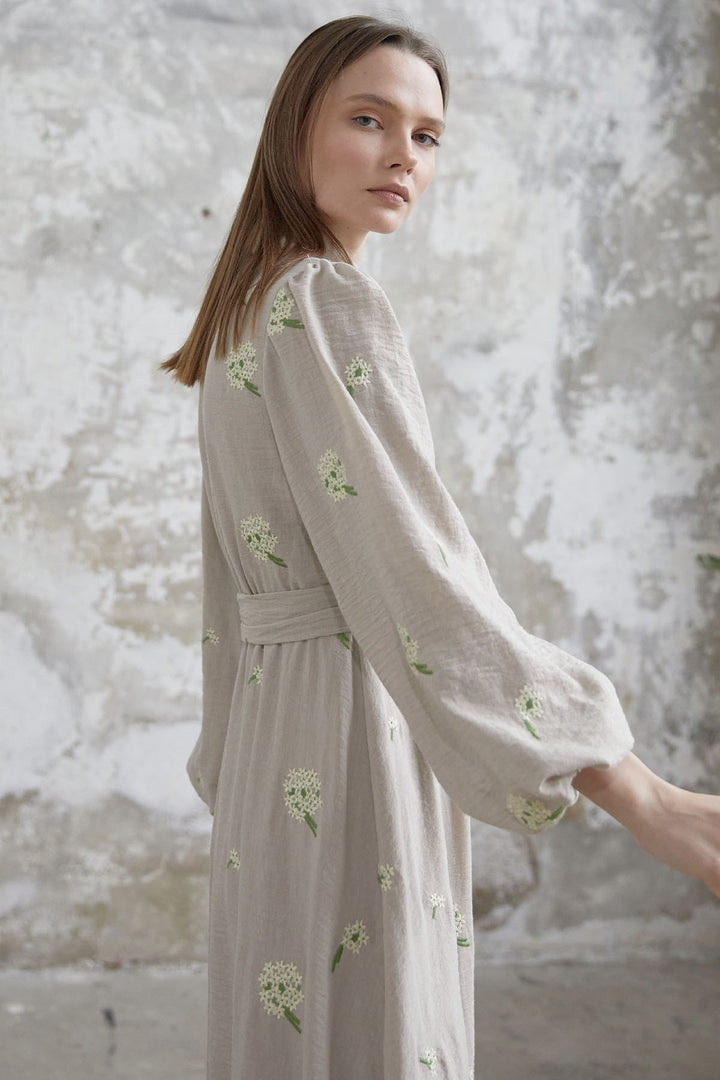 MDS Women Floral Embroidered Linen Dress - Beige - Aubervilliers