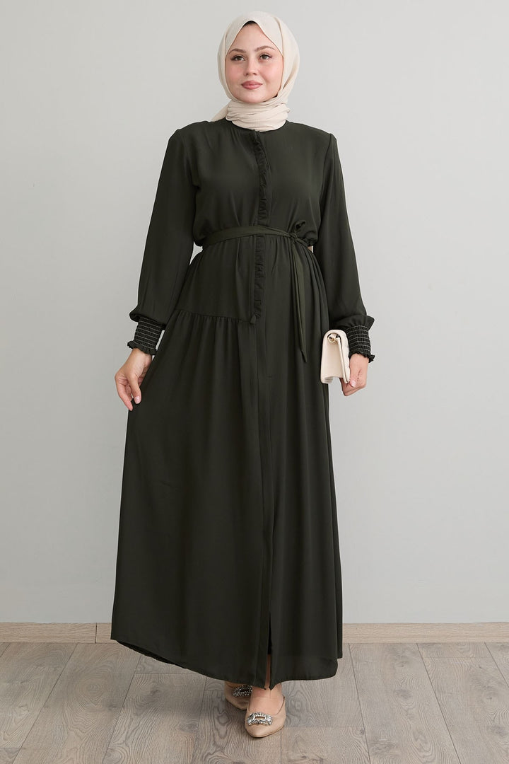 MDS Women Ruffle Detailed Asymmetric Cut Khaki Abaya - Perote
