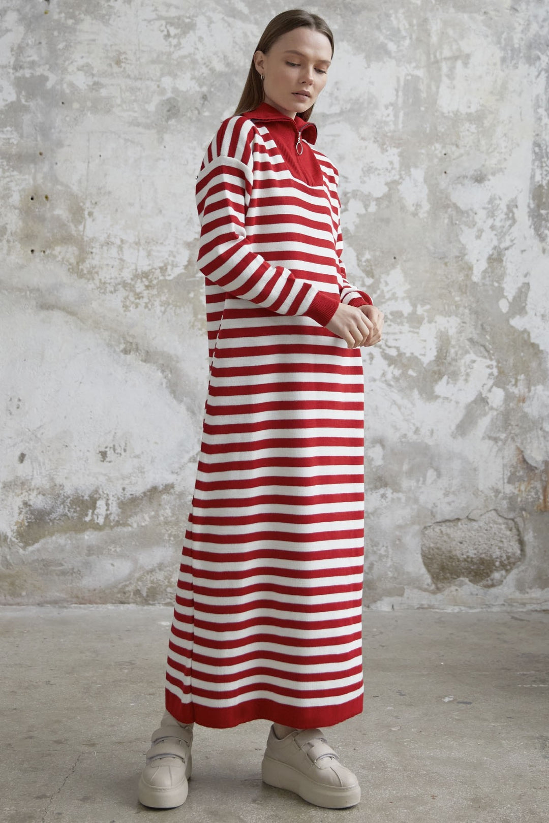 MDS Women Striped Knit Dress with Zippered Neckline - Red - Bellevue