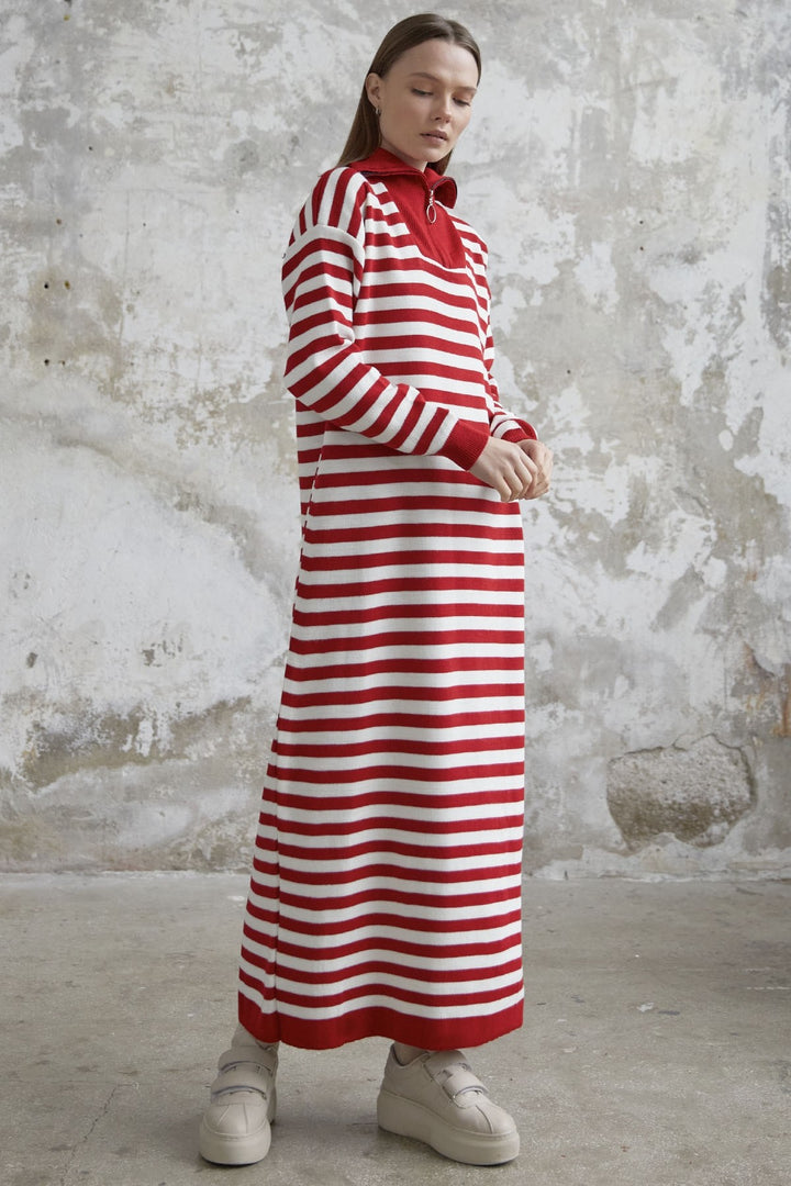 MDS Women Striped Knit Dress with Zippered Neckline - Red - Bellevue