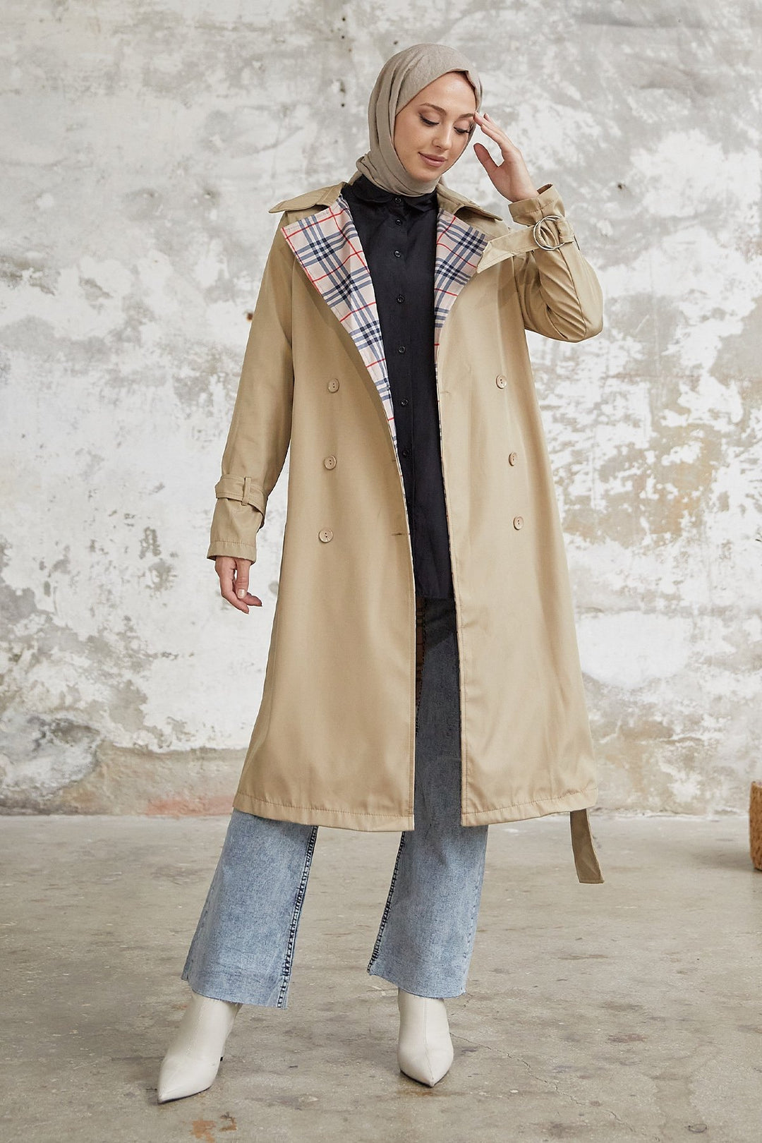 MDS Women Eleta Double-Breasted Checkered Trench Coat - Beige - Upper Hutt