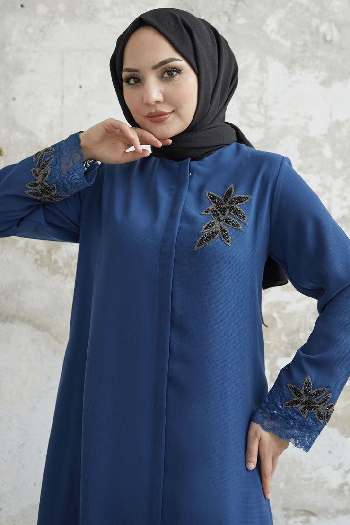 MDS Women Sleeve Flower Stone Abaya - Indigo - Ílion