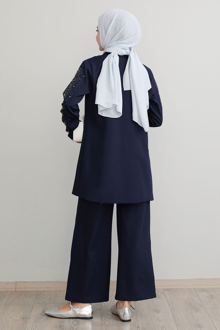 MDS Women Jacketed Pearl Detail Navy Suit - Marburg