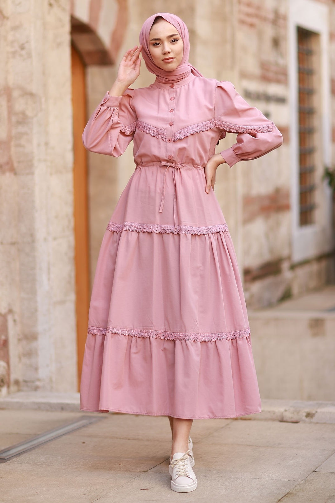 MDS Women Guipure Detail Balloon Sleeve Dress - Rose Pink - Sayreville