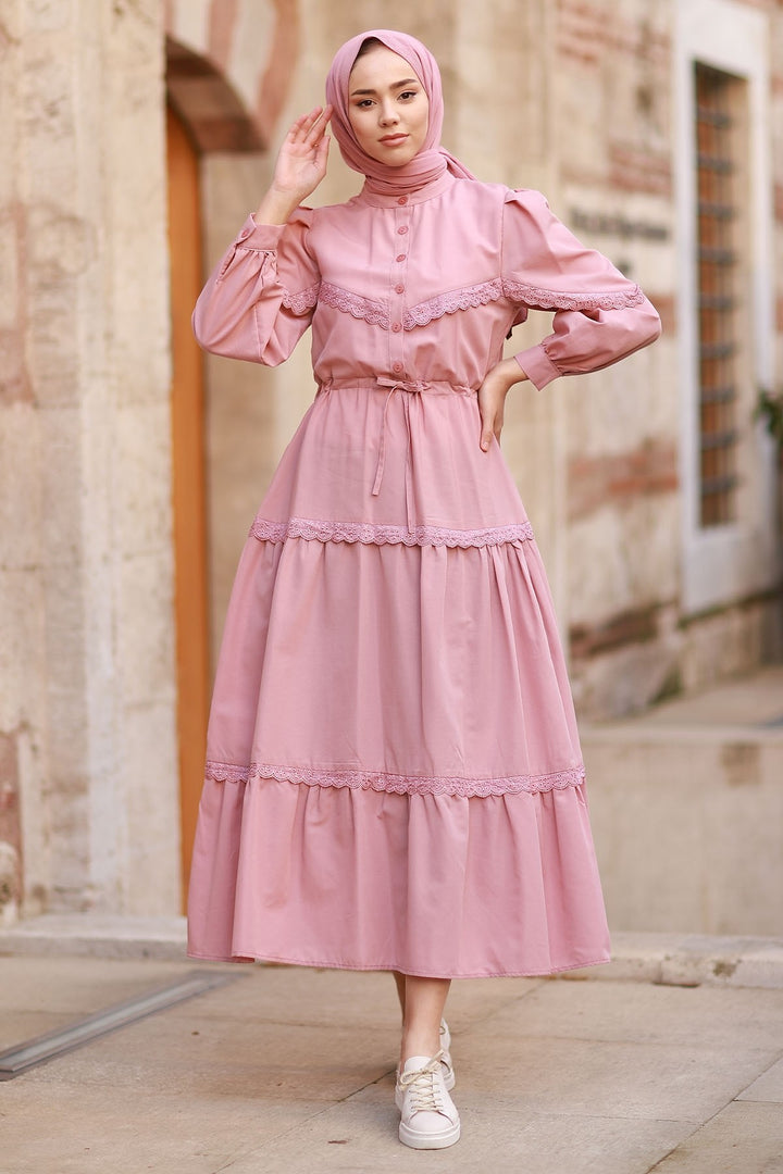 MDS Women Guipure Detail Balloon Sleeve Dress - Rose Pink - Sayreville