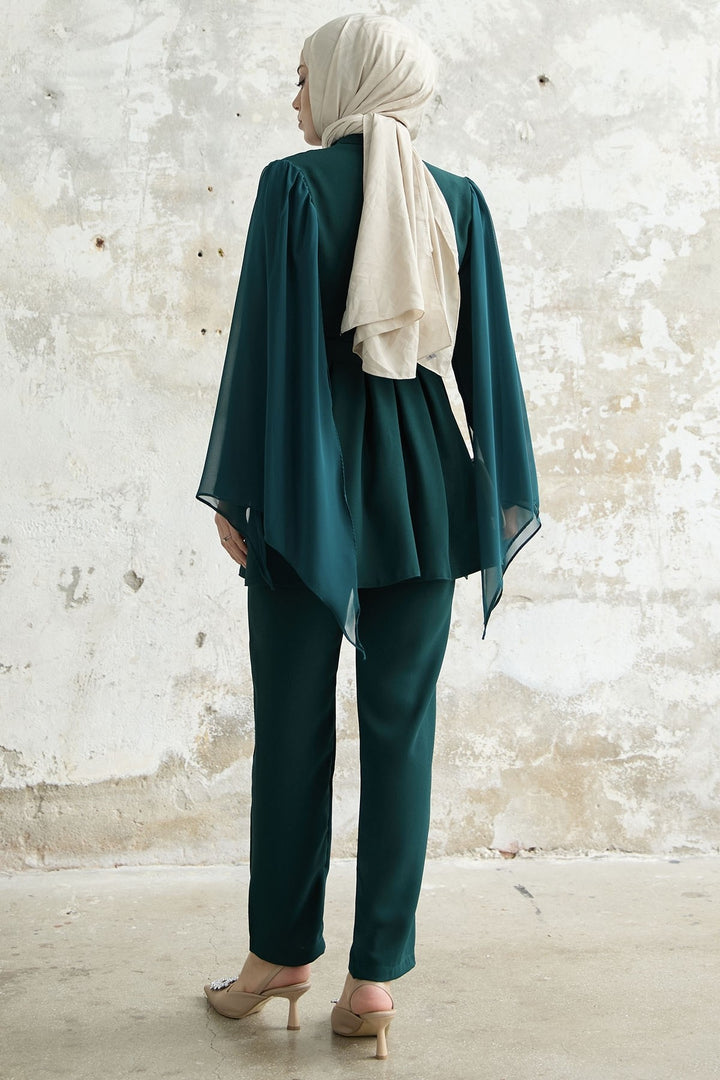 MDS Women Stone-Accented Arm Tulle Crepe Emerald Green Set - Motril