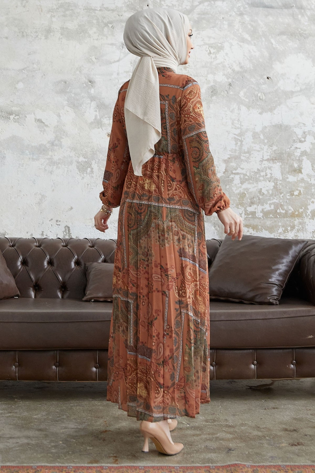 MDS Women Viera Shawl Patterned Collar Belted Chiffon Dress - Terracotta - Tepeji del Río de Ocampo