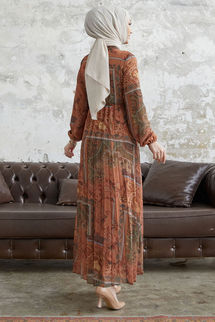 MDS Women Viera Shawl Patterned Collar Belted Chiffon Dress - Terracotta - Tepeji del Río de Ocampo