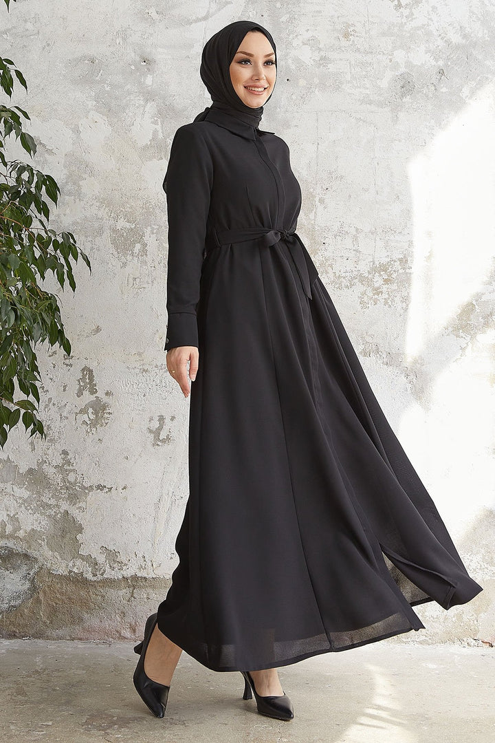 MDS Women Emery Belted Shirt Collar Abaya - Black - Chino Hills