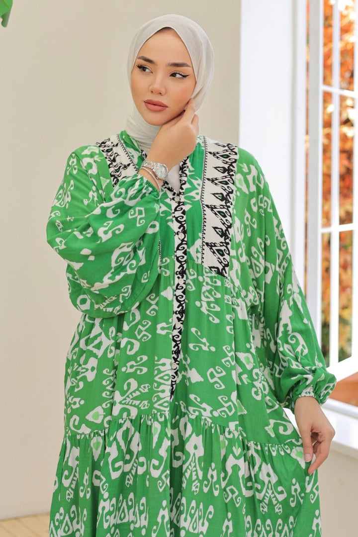 MDS Women Buttoned Loose Patterned Green Viscose Dress - Cedar Rapids