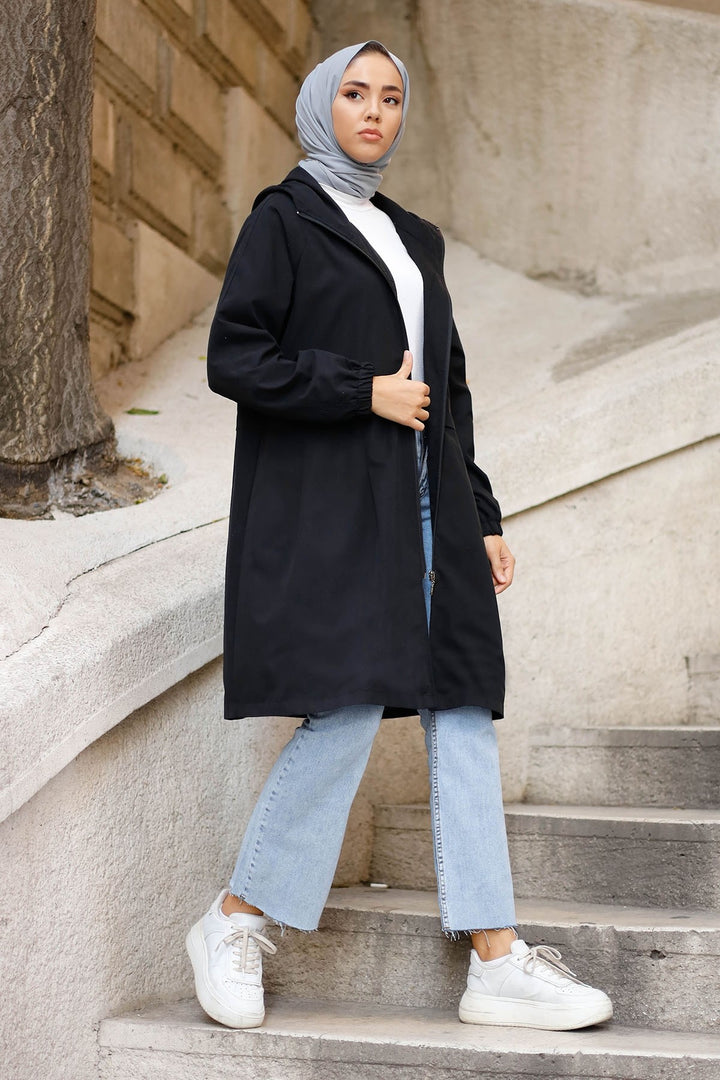 MDS Women Pile Detail Hooded Zippered Jacket - Black - Valle Hermoso