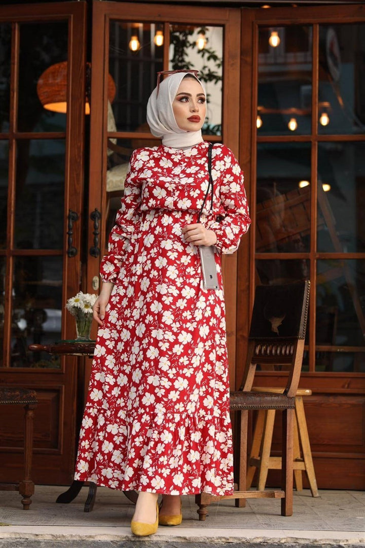 MDS Women Daisy Pattern Woven Dress - Red - Vercelli