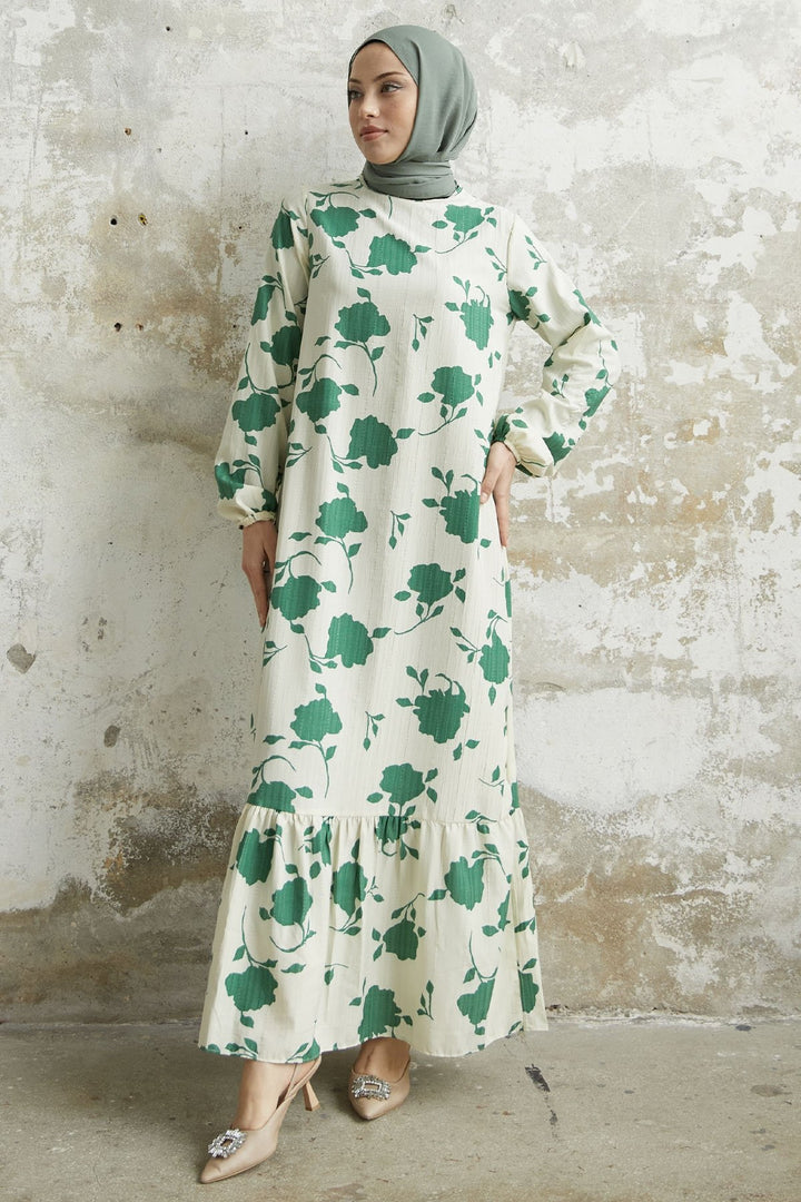MDS Women Large Flower Pattern Dress - Green - Bootle