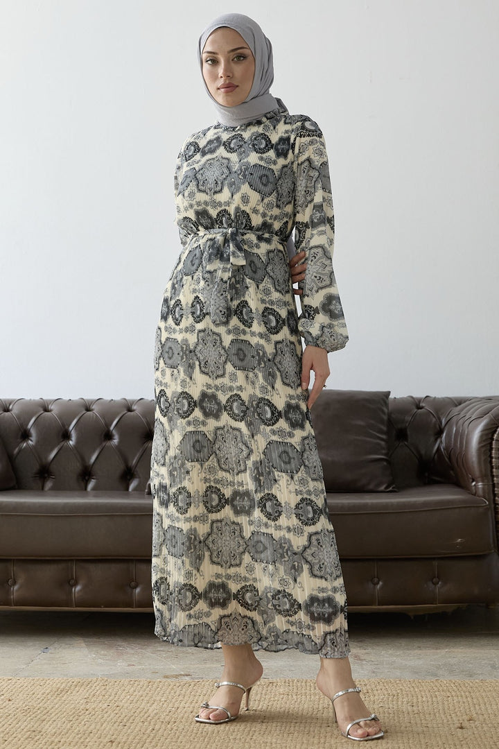 MDS Women Pleated Shawl Pattern Chiffon Dress - Gray - Gjilan