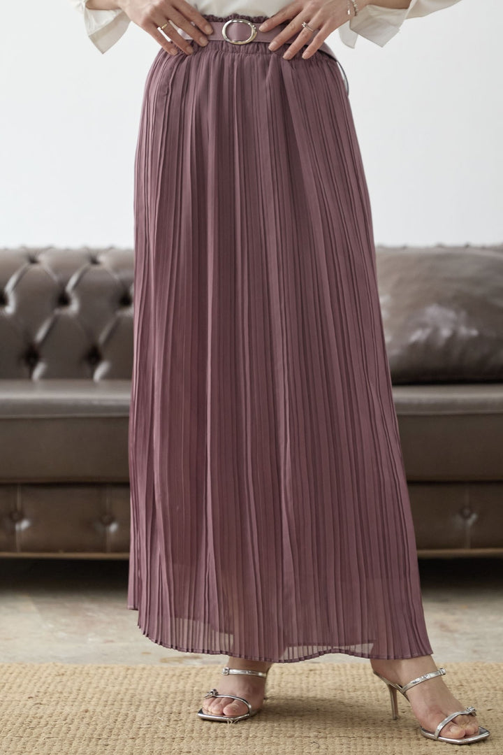 MDS Women Ruched Waist Chiffon Skirt with Belt - Rose Pink - Sciacca